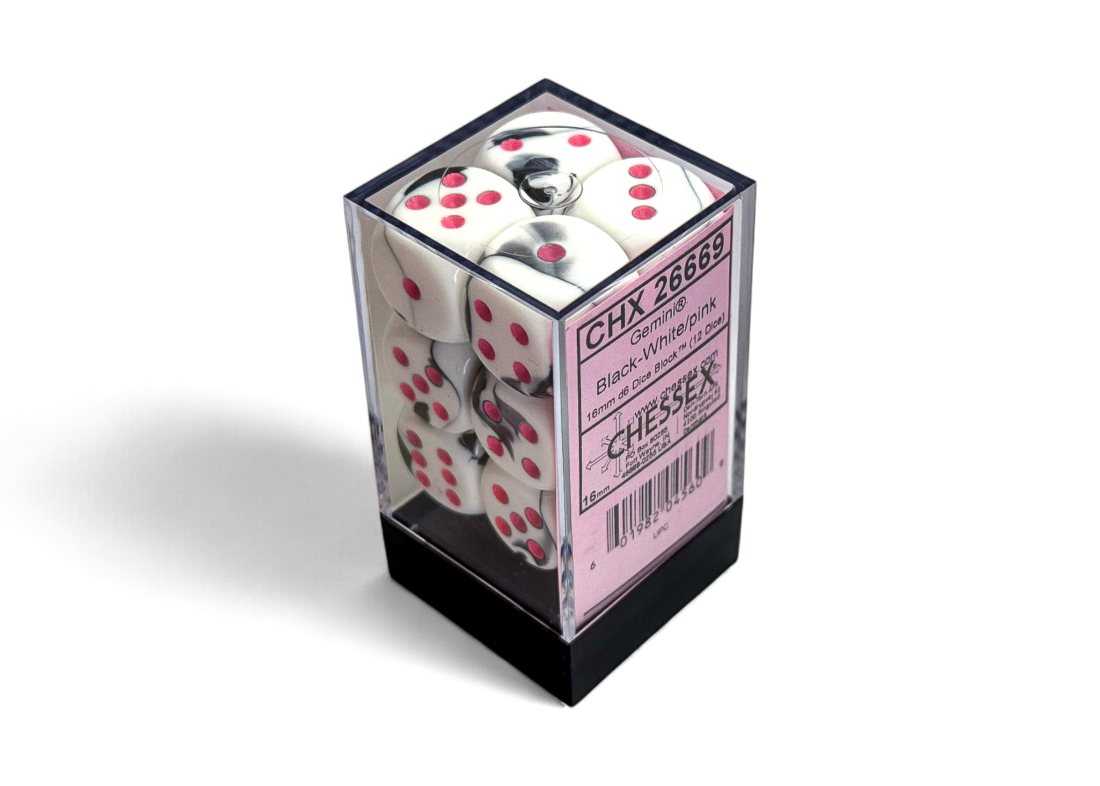 Gemini Black-White/pink 16mm d6 Dice Block (12 dice) - CHX2669